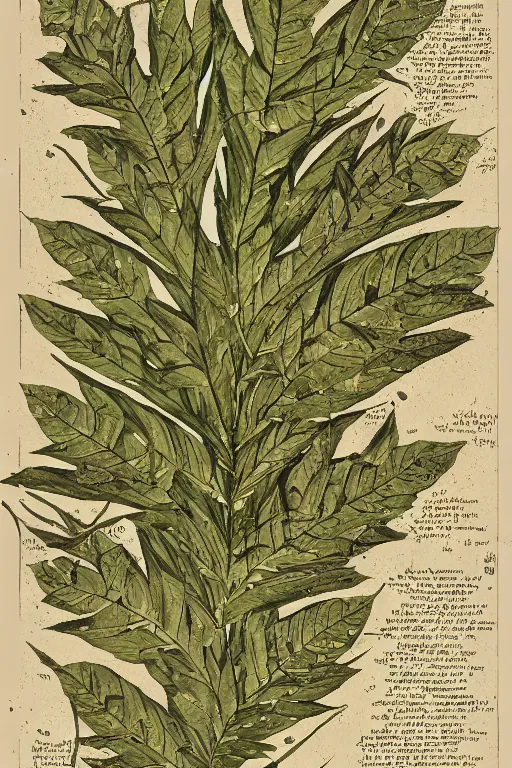 Image similar to scan of the leaves of an old cursed herbarium, by john howe, infographic, textbook, marginalia, cursed, alien