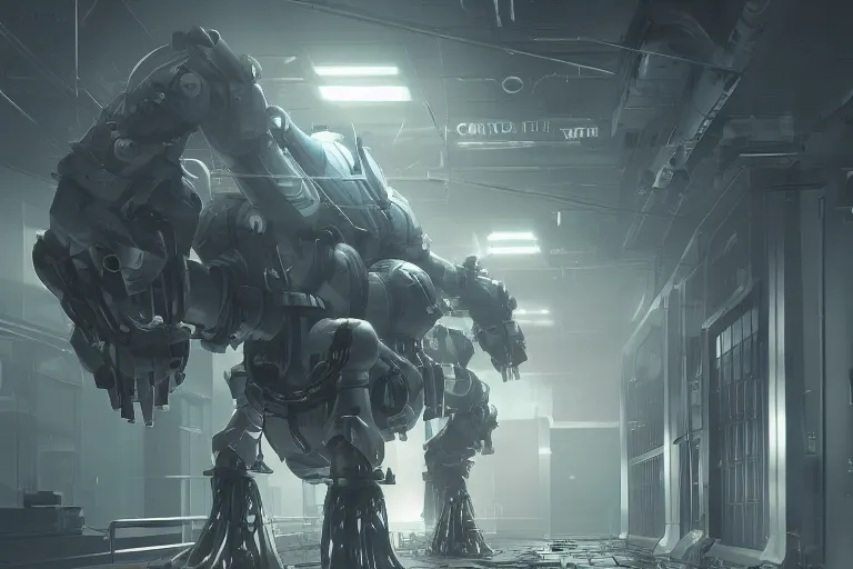 Prompt: parallax datacenter server room single mono colossus white rusty android robosaurus in artstation cinematic detailed concept art volumetric light sharp coherent cgsociety