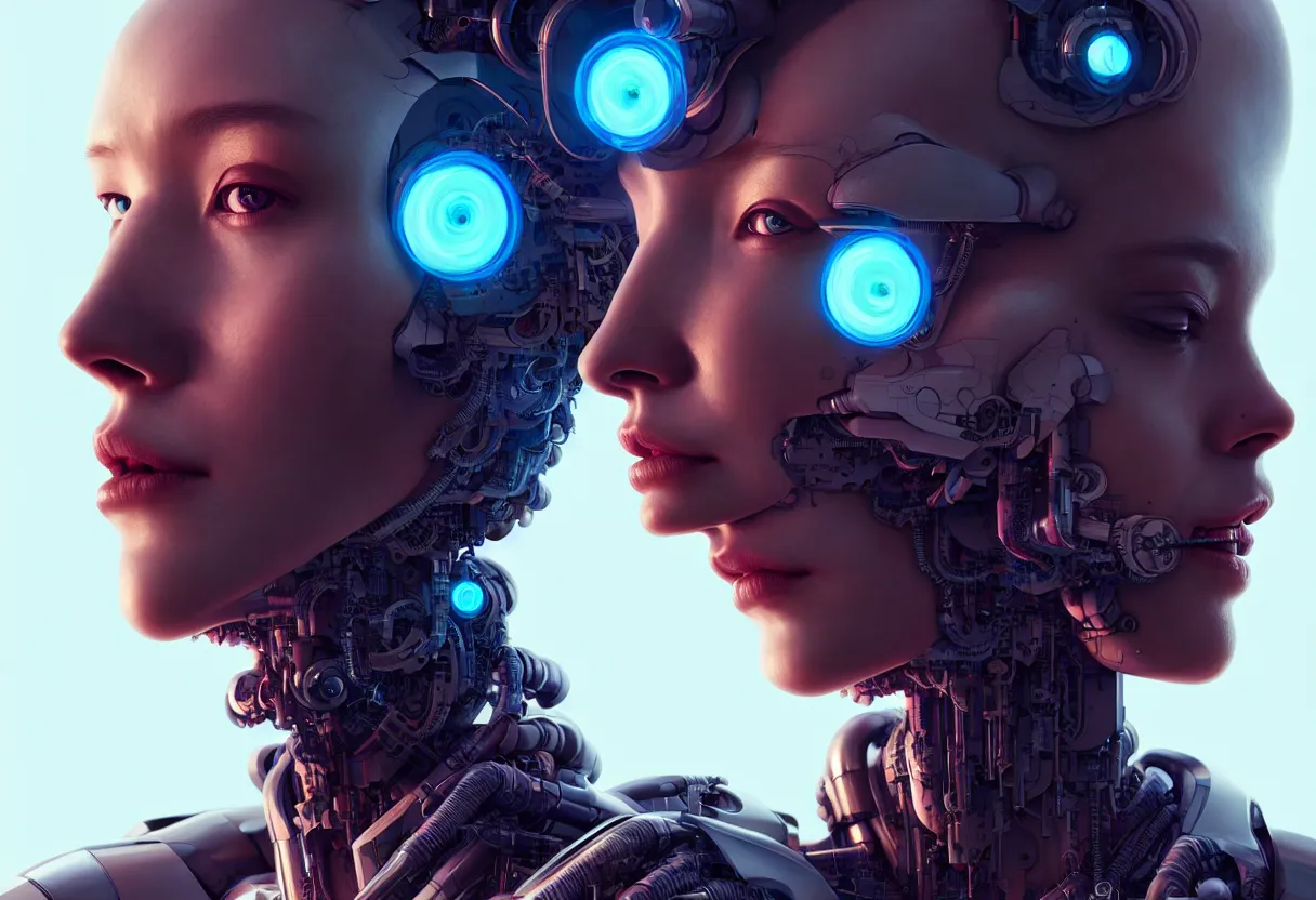 Image similar to portrait of a female cyborg. intricate abstract. intricate artwork, by tooth wu, wlop, beeple, dan mumford. concept art, octane render, trending on artstation, greg rutkowski very coherent symmetrical artwork. cinematic, key art, hyper realism, high detail, octane render, 8 k, iridescent accents