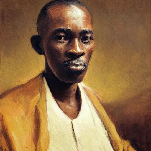 Image similar to a painting of a elegant, well fed, smooth-chinned, long nose, African, elder with few eyebrows by Henry Ossawa Tanner . thinker without facial hair, thoughtful, focused, visionary, calm, jovial, loving, fatherly, generous, . dramatic angle, ethereal lights, details, smooth, sharp focus, illustration, realistic, cinematic, artstation, award winning, rgb , unreal engine, octane render, cinematic light, macro, depth of field, blur, red light and clouds from the back, highly detailed epic cinematic concept art CG render made in Maya, Blender and Photoshop, octane render, excellent composition, dynamic dramatic cinematic lighting, aesthetic, very inspirational, arthouse.