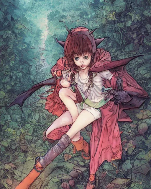 Prompt: a girl in a cute bat costume on a hike in the appalachian mountains, full shot, focused, ambient lighting, detailed, art by ayami kojima, makoto shinkai, kilian eng