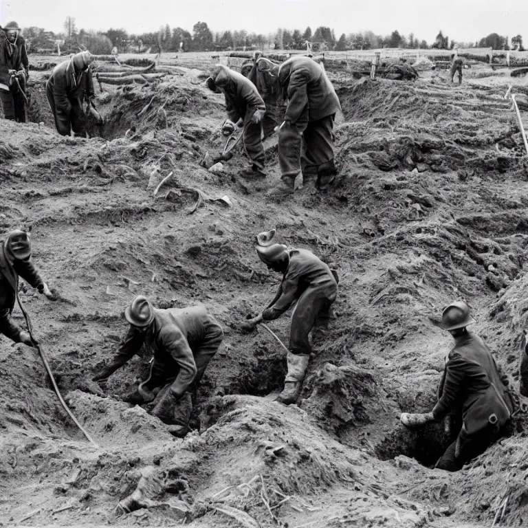 Prompt: archaeologist badgers in 1940s suits digging at the sutton hoo ship burial, black & white photo