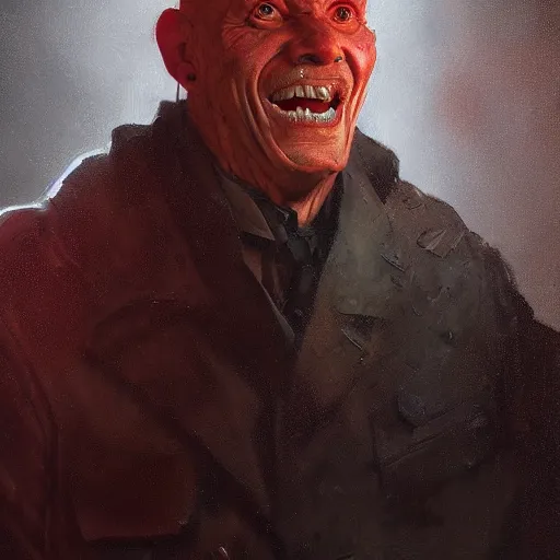 Image similar to portrait of a red bald man with black eyes and a black smile, horror, glowing eyes, by Stanley Artgerm Lau , greg rutkowski, thomas kindkade, alphonse mucha, loish, norman rockwell. Trending on artstation detailed illustration hd 4k