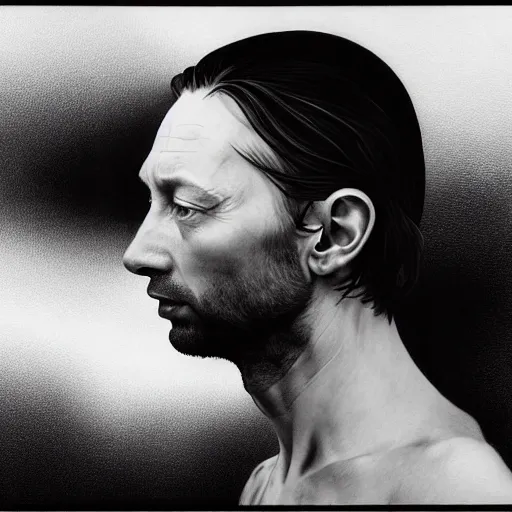 Prompt: hyper realistic portrait of cleanshaven thom yorke hairless, variations singer songwriter ok computer, ( side ) profile, liminal space, by lee bermejo, alphonse mucha and greg rutkowski, no beard, smooth face