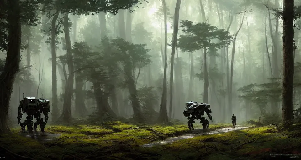 Image similar to hyper realistic sci - fi matte concept art painting of battlemech walking through a forest, beautiful details, strong composition painted by kim jung guweta studio rutkowski, james gurney and greg rutkowski, and lucasfilm, smooth, intricate, detailed, sharp focus, cinematic