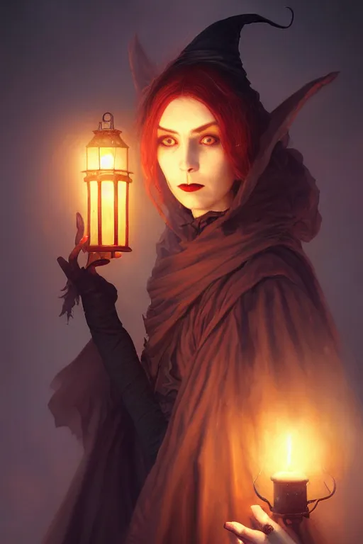 Image similar to portrait of a ghoulish victorian witch dark cheekbones holding a lantern, halloween night, charlie bowater, artgerm, ilya kuvshinov, krenz cushart, ruan jia, realism, ultra detailed, 8 k resolution