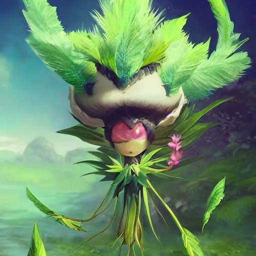 Image similar to a cute beautiful plant type pokemon with smile, green feathers bursting out of his hair, full body portrait, highly detailed digital art, 3 d perspective, award - winning illustration, aesthetic, smooth, pokemon style, made by greg rutkowski, with an alien landscape in the background