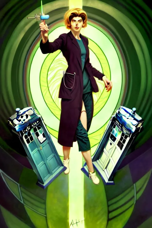 Image similar to doctor who, woman, as a mad dentist, on a plain green background, art by artgerm and greg rutkowski and alphonse mucha