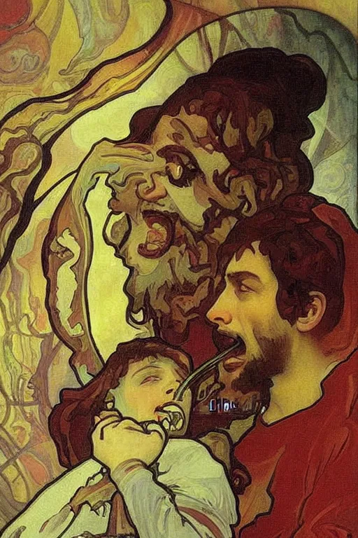 Prompt: saturn devouring his son painting by alfons mucha