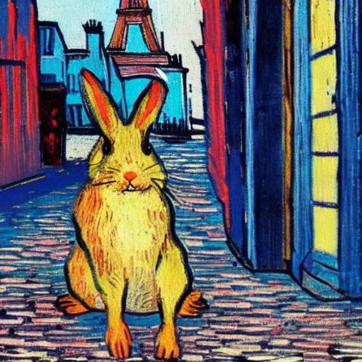 Image similar to a rabbit sitting on a street in paris, the eiffel tower is visible in the background, in the style of van gogh