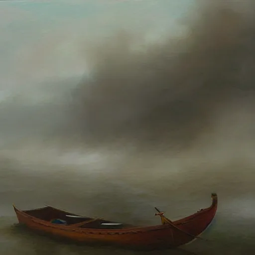 Prompt: painting of viking longboat on a misty river raid