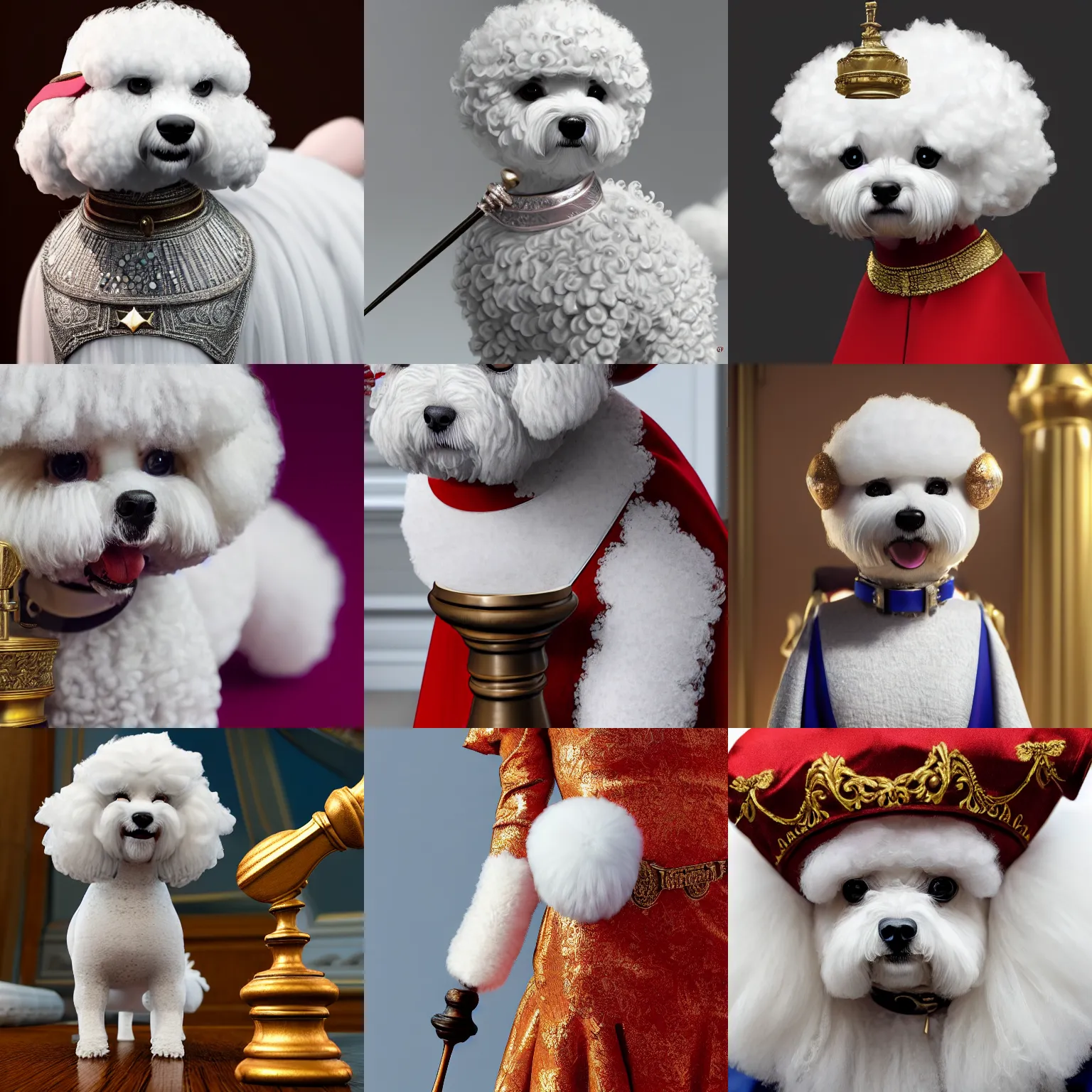 Prompt: a closeup photorealistic illustration of a bichon frise justice dressed in a gown and holding a gavel. this 4 k hd image is trending on artstation, featured on behance, well - rendered, extra crisp, features intricate detail and the style of unreal engine.