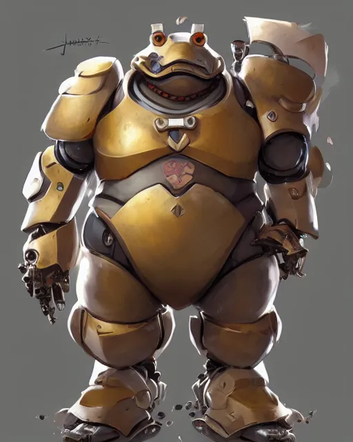 Image similar to a fat short anthropomorphic toad wearing mecha armor, battle stand, smooth, intricate, elegant, power aura, digital painting, artstation, concept art, high tech fantasy, sharp focus, illustration, art by james jean and justin gerard, overwatch character