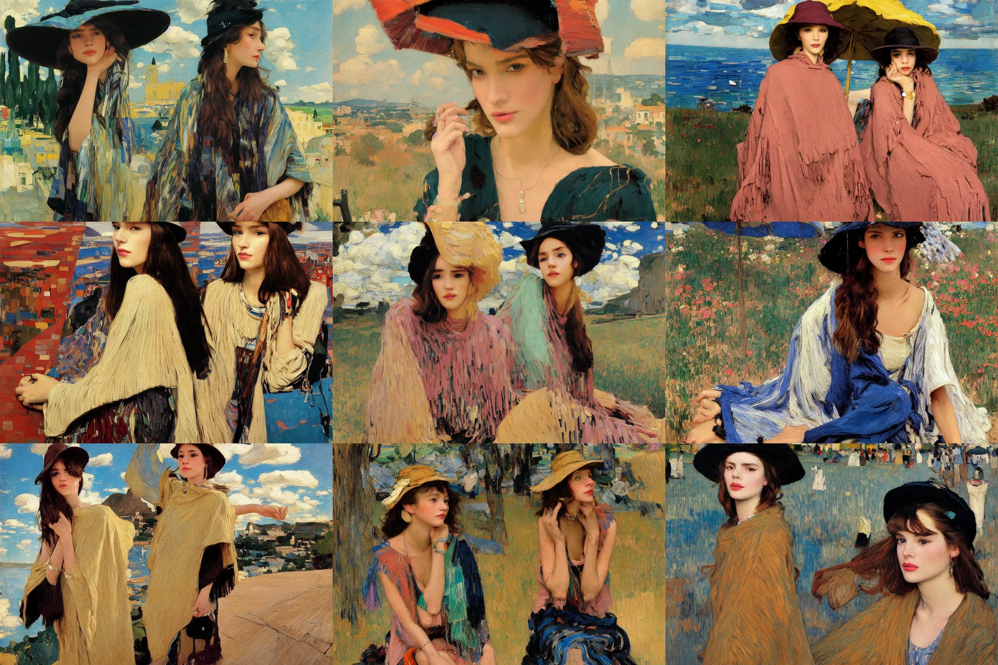 Prompt: portrait of fashionable single young woman wearing rich jewerly hat and boho poncho, concrete hitech interior, 1970s fashion, sitting dynamic pose, Low poly, thunder clouds in the sky, artwork by Joaquin Sorolla and john william waterhouse and Denis Sarazhin and klimt and rhads and van gogh and Dean Ellis and Detmold Charles Maurice, levitation, industrial rusty pipes, simple form, brutal shapes