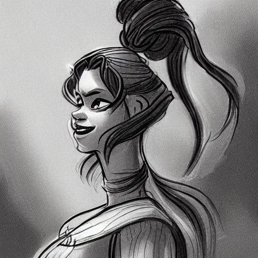 Image similar to milt kahl sketch of vanessa hudgeons with done up hair, tendrils covering face and ponytail as princess padme from star wars episode 3