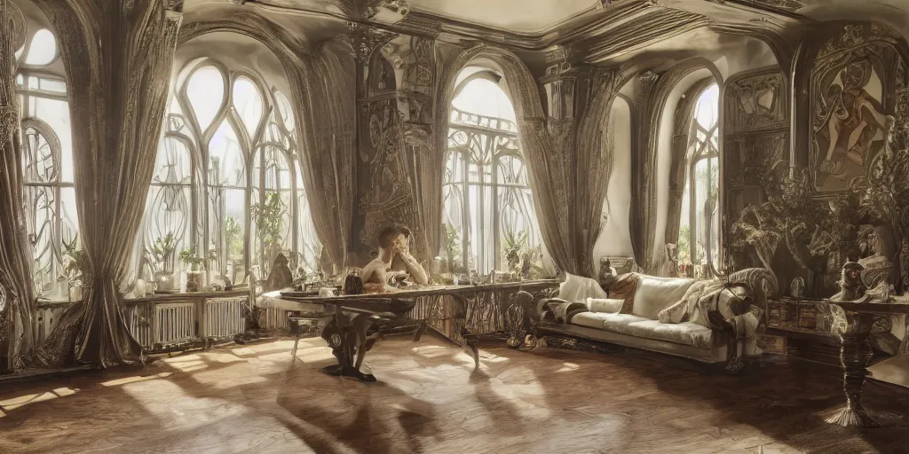 Prompt: Living room with daenerys, Alphonse Mucha, art nouveau, luxury, artstation, center focus on table, hyper realistic, 8K, warm lighting, white gold black, antique, large windows to french town