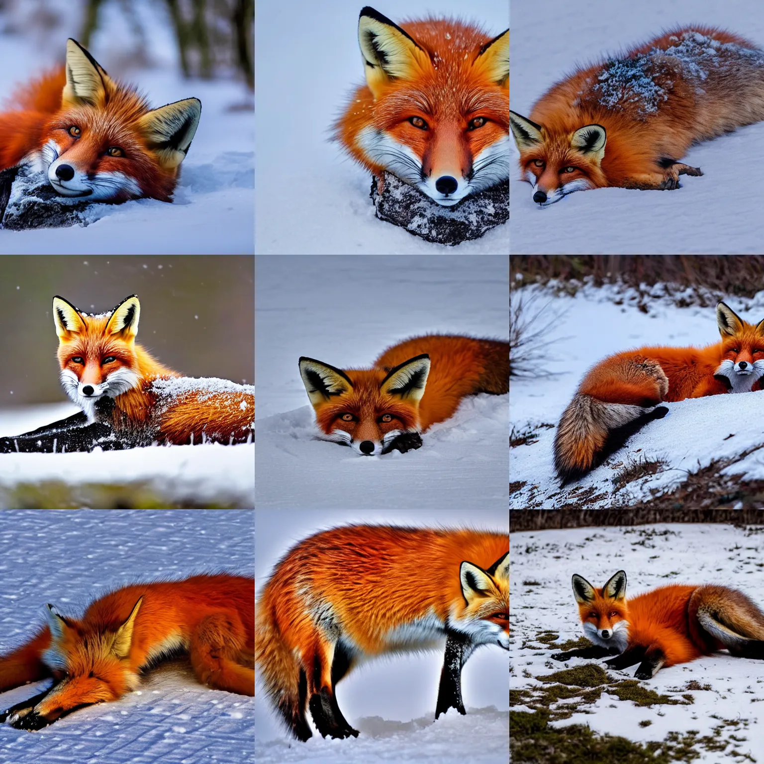 Prompt: a beautiful fox lying on its back in the snow, XF IQ4, 150MP, 50mm, f/1.4, ISO 200, 1/160s, natural light, Adobe Photoshop, Adobe Lightroom, DxO Photolab, Corel PaintShop Pro, symmetrical balance, depth layering, polarizing filter, Sense of Depth