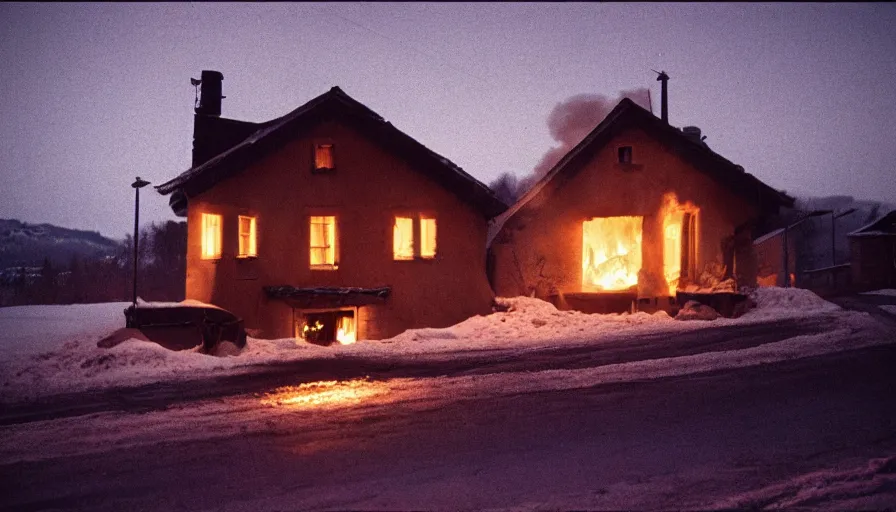 Image similar to 1 9 7 0 s movie still of a heavy burning french style little house in a small northern french village by night in winter, cinestill 8 0 0 t 3 5 mm, heavy grain, high quality, high detail, dramatic light, anamorphic, flares