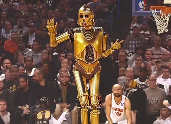 Image similar to ESPN still of C-3PO playing in the nba playoffs live on espn, 4k