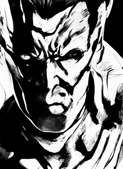 Image similar to portrait, comic villain, black and white comic panel, cover Art, inking, Dynamic lighting, cinematic, establishing shot, extremely high detail, photo realistic, cinematic lighting, pen and ink, intricate line drawings, post processed, concept art, artstation, matte painting, midjourney, style by alex ross, neal adam