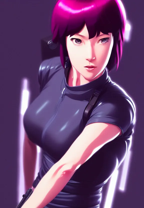 Image similar to a fullbody portrait of motoko kusanagi the major ghost in the shell : : connected to cables, under repairs, maintenance area, technicians : : by ilya kuvshinov, rossdraws, artgerm, sola digital arts, anti aliasing, raytracing : :