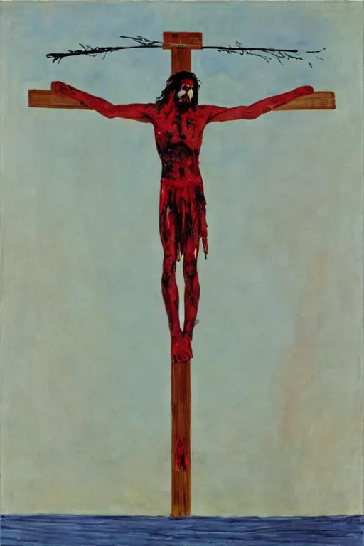 Image similar to bloody christ crucified and a huge ufo in the sky painted by cy twombly and andy warhol