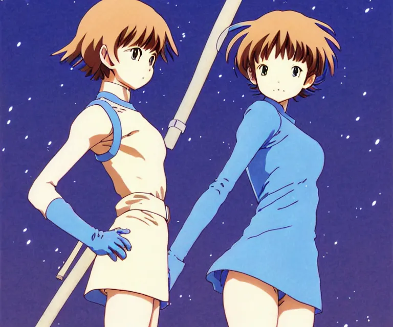 Image similar to anime art full body portrait character nausicaa by hayao miyazaki concept art, anime key visual of elegant young female, short brown hair and large eyes, finely detailed perfect face delicate features directed gaze, valley of the wind and mountains background landscape scenery, trending on pixiv fanbox, studio ghibli, extremely high quality artwork by kushart krenz cute sparkling eyes