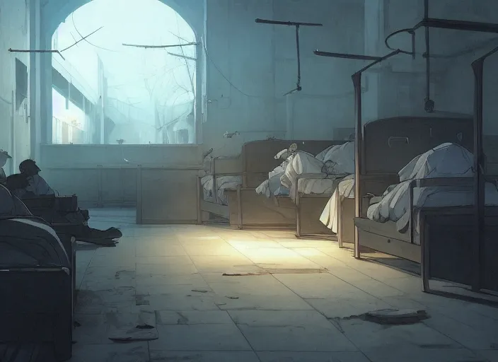 Prompt: 1 8 5 4 crimean war, army hospital in scutari at night, wounded patients in beds on both sides of hospital ward, dark, grimy, finely detailed perfect art, painted by greg rutkowski makoto shinkai takashi takeuchi studio ghibli