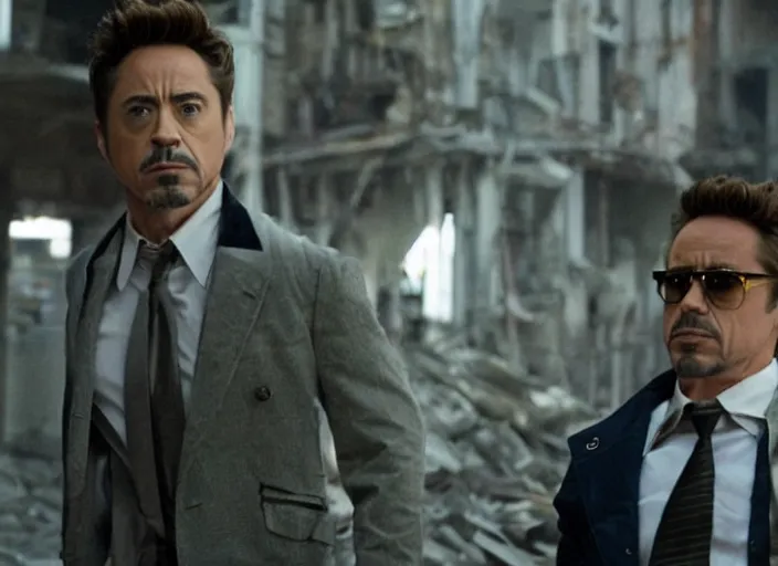 Image similar to film still of Robert Downey Jr as Cobb with the city crumbling in the background in Inception, 4k