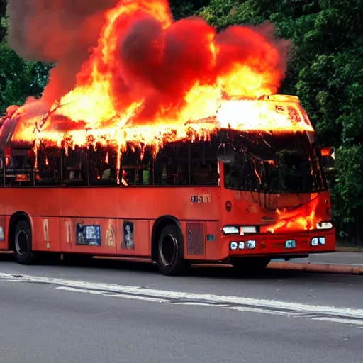 Prompt: bus on fire, flames