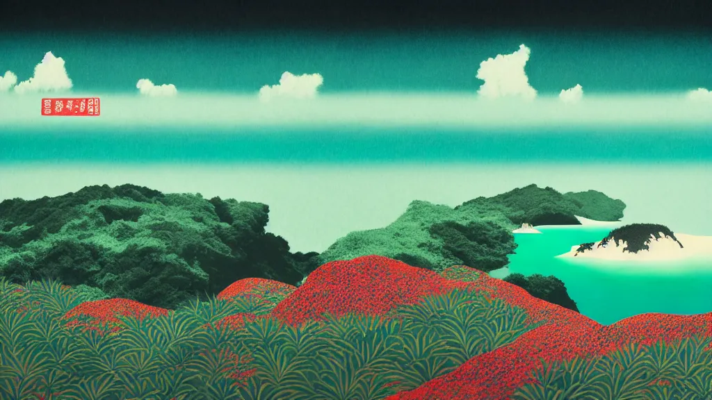 Image similar to dramatic landscape of okinawa prefecture, japan, a collage painting, in the style of wes anderson, lola dupre, david hockney, isolated on negative white space background dark monochrome neon fluorescent spraypaint accents volumetric octane render