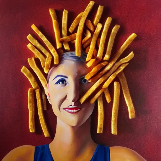 Image similar to painting of a person made out of hot dogs, hamburgers, and french fries. surreal. hyper realistic. photography