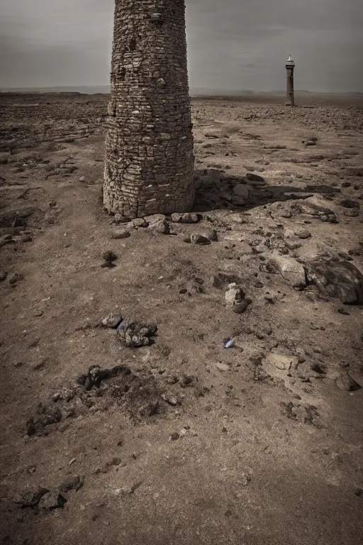 Prompt: an old roman lighthouse in the middle of the desert sitting on a rock, post apocalyptic