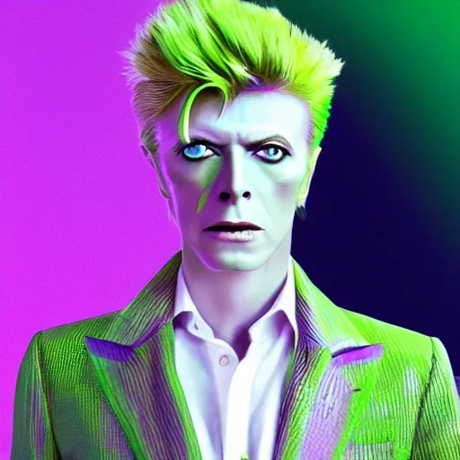 Prompt: a photo of blond david bowie in purple jacket and light-green shirt in style of Kira Yoshikage