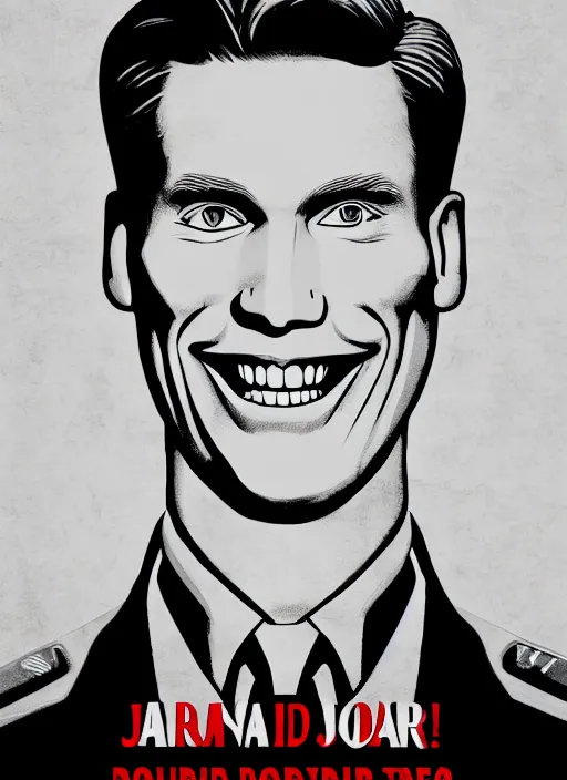 Image similar to propaganda poster smiling jerma as dictator of north korea, 8 k, trending on artstation