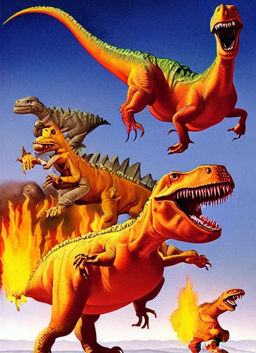 Prompt: dinosaurs fleeing from the incoming fiery asteroid by boris vallejo