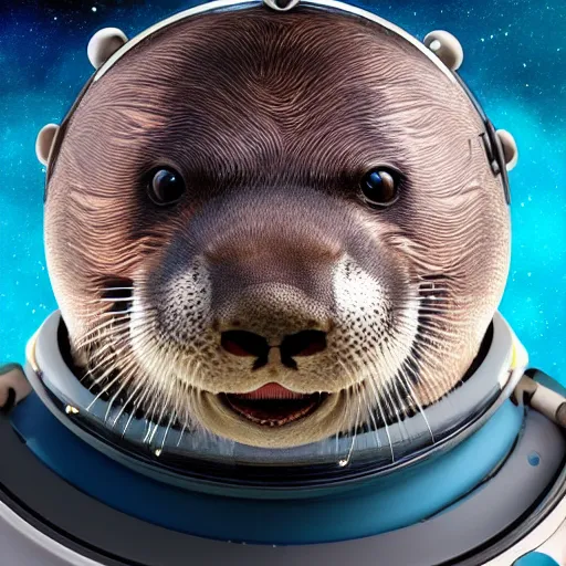 Prompt: a realistic portrait of an otter wearing a space helmet with space and nebula background, trending on artstation, ultra detail, photorealistic, fine detail, cgi, zbrush, global illumination, studio lighting