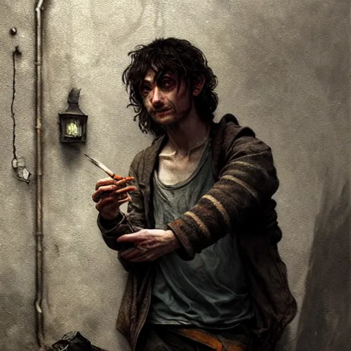 Prompt: Drug addict hobbit smoking crack in a dark alley, ultra realistic, concept art, intricate details, eerie, highly detailed, photorealistic, octane render, 8k, unreal engine, art by artgerm and greg rutkowski and alphonse mucha