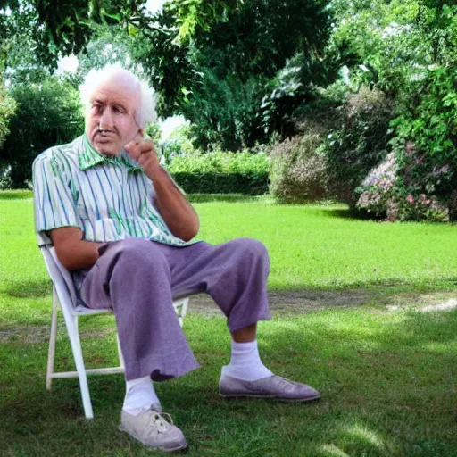 Prompt: mid white hair old man with green shirt and white short, sitting in ile de re house garden, still from purple noon