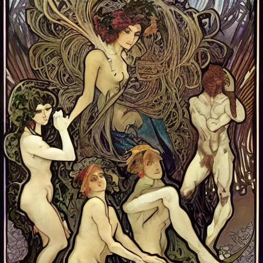 Image similar to a monsterous scary inhuman group of fully clothed fae with animalistic features by alphonse mucha and brian froud