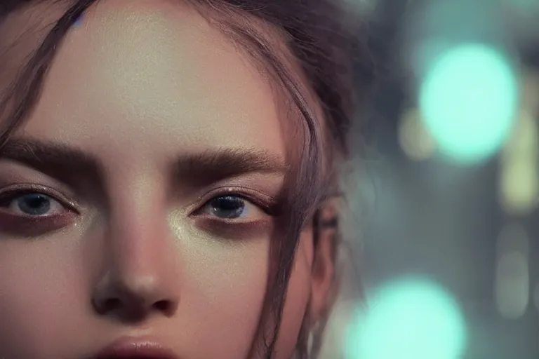 Image similar to VFX movie of a futuristic closeup portrait in high tech compound, beautiful natural skin neon lighting by Emmanuel Lubezki