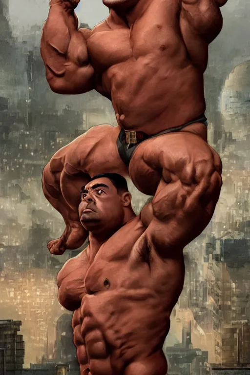 Image similar to upper body portrait of a hulking bulky swole steroids musclebound huge bodybuilder muscular herculean chiseled mr bean rowan atkinson, cinematic lighting, photorealistic, octane render, 8 k, depth of field, 3 d, art by artgerm and greg rutkowski and alphonse mucha and uang guangjian and gil elvgren and sachin ten