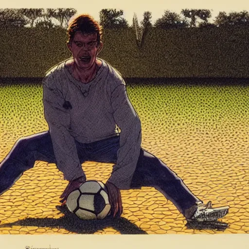 Image similar to a man on his knees crying, a soccer goal behind him, a soccer ball by his side. Epic portrait by james gurney and mœbius.