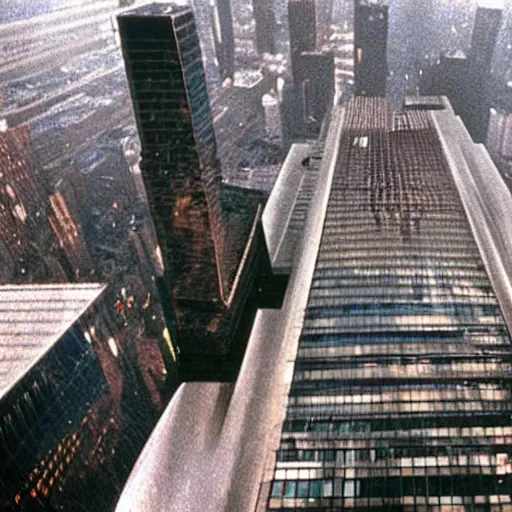 Image similar to patrick bateman plane going through the world trace center towers, in american psycho ( 1 9 9 9 )