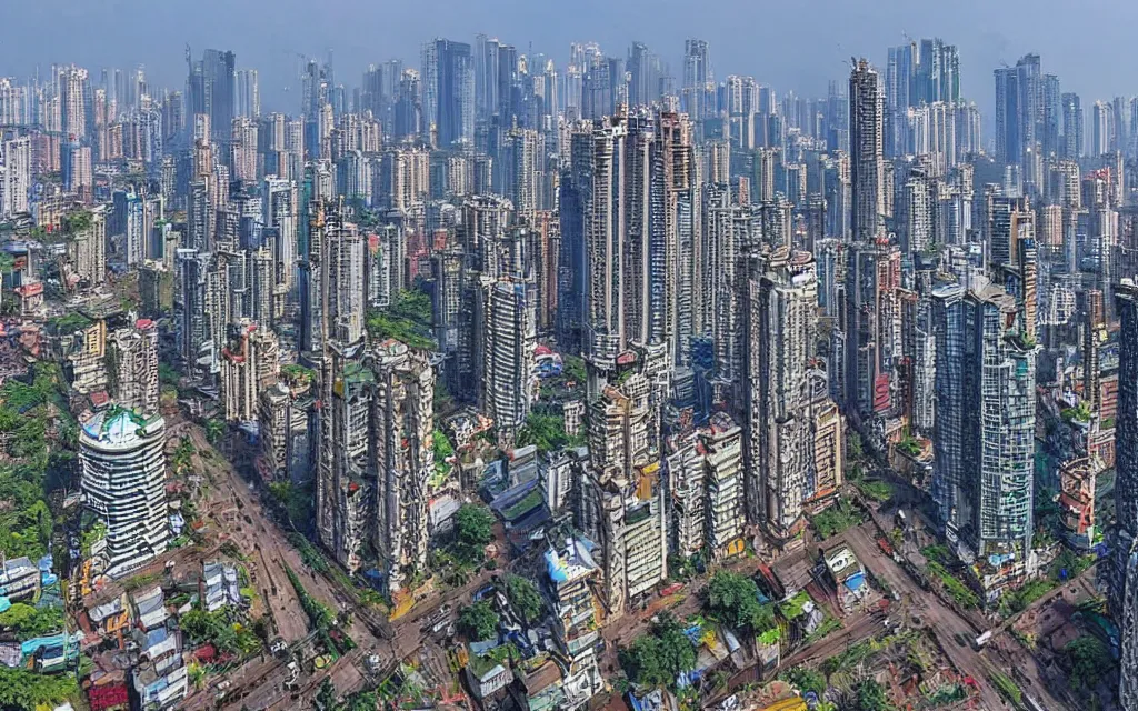 Prompt: street view of mumbai in the year 2 0 7 0, extreme detail, skyscrapers, coastline, cars, people