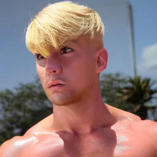 Image similar to a handsome man with blonde hair, ken, who is a male android, muscular, wearing a cut - off pink top and short light orange shorts, stands by a swimming pool, facing forward