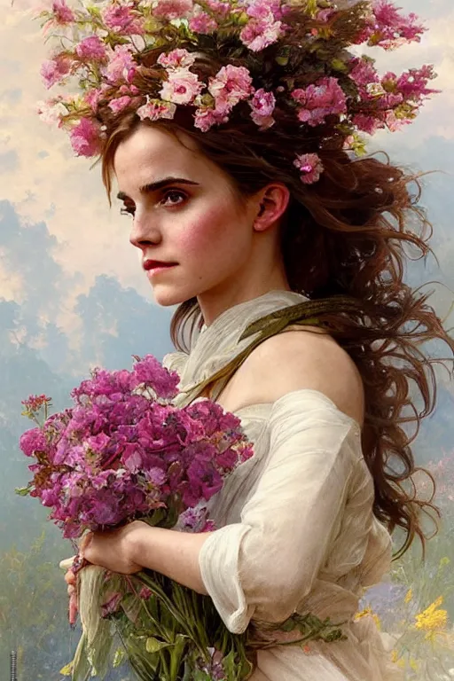 Image similar to portrait of emma watson as beautiful mysterious woman holding a bouquet of flowing flowers, hands hidden under the bouquet, fantasy, regal, intricate, by stanley artgerm lau, greg rutkowski, thomas kindkade, alphonse mucha, loish, norman rockwell