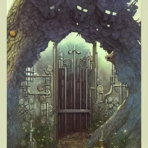 Image similar to gate portal with another world visible inside style studio ghibli and Gerald Brom, dreamy, mystical, dark