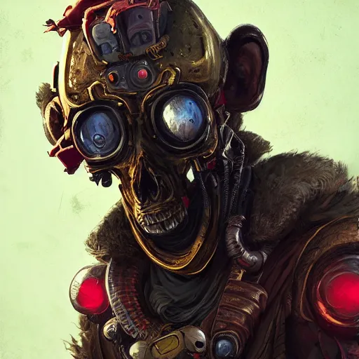 Image similar to a golden skull face monkey warrior with a ruby in his forehead, Apex Legends character, digital illustration portrait design, by android jones and greg rutkowski, retrowave color scheme, detailed, cinematic lighting, wide angle action dynamic portrait