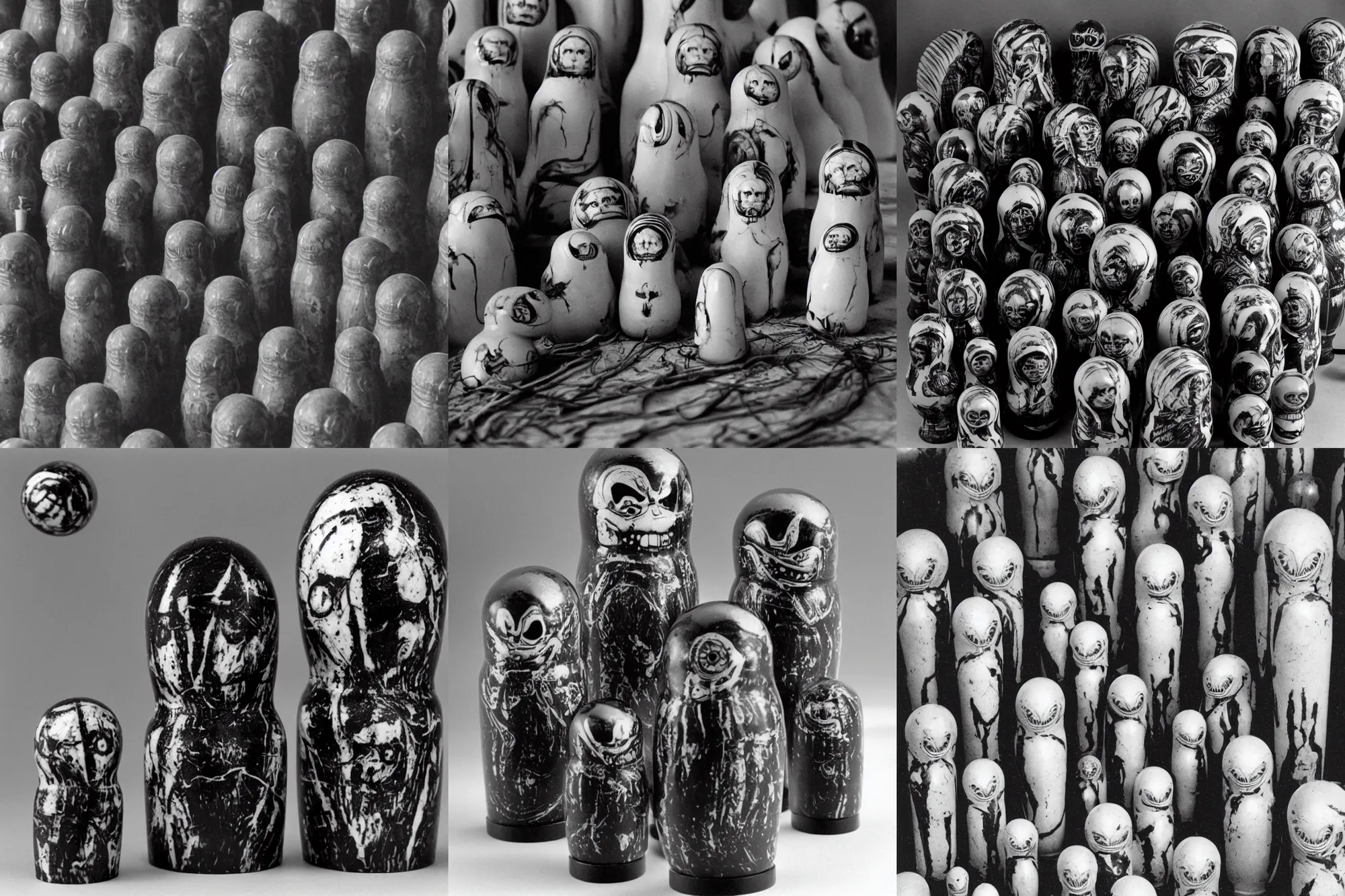 Prompt: aligned xenomorph nesting dolls, made of dark shinny marble. by h. r. giger and henry cartier bresson.